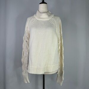 French Connection sweater wool blend mock neck ivory cream lace sleeves zipper M
